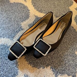 Badgley Mischka Black Silk Crystal flats, size 7, NWT